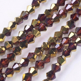 Electroplate Glass Beads Strands, Half Golden Plated, Faceted, Bicone, Gold, 3x3mm, Hole: 1mm; about 128~135pcs/strand, 13.8″