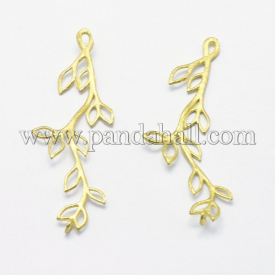 Brass Links, Lead Free & Cadmium Free & Nickel Free, Leaf, Unplated, 44.5x15x1mm, Hole: 2mm