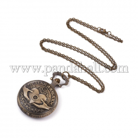Alloy Pendant Necklace Quartz Pocket Watches, with Iron Chains and Lobster Claw Clasps, Flat Round, Antique Bronze, 32.6″(82.8cm)