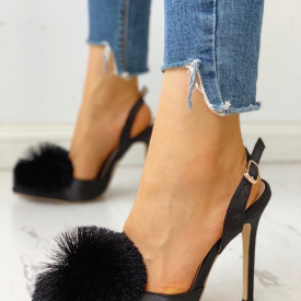 Fluffy Ball Embellished Slingback Thin Heels