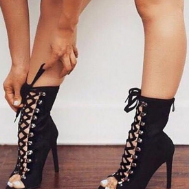 Black Lace-up Peep Toe Zippered Pumps