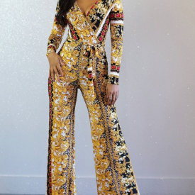 Scarf Print Deep V Belted Jumpsuit