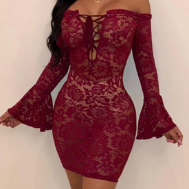 Lace-Up Bell Sleeve Bodycon Lace Dress