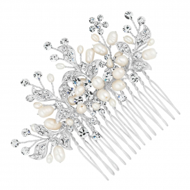 Designer Silver Crystal Leaf And Freshwater Pearl Spray Comb