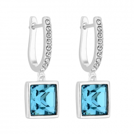 Silver Plated Swarovski  Blue Sqauare Drop Earrings
