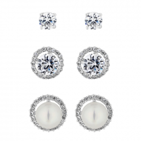Silver Pearl And Crystal Stud Earring Set