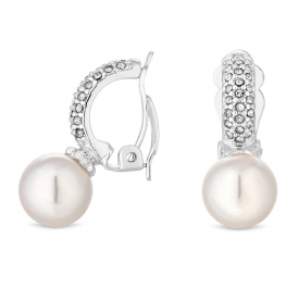 Silver Plated Clear Crystal Pave Half Hoop With Pearl Drop Clip On Earring