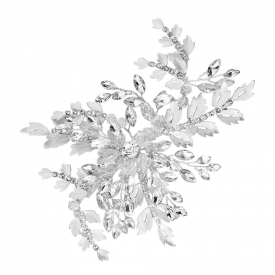 Silver Plated Clear Crystal Ruby Brushed Leaf And Crystal Burst Hair Slide