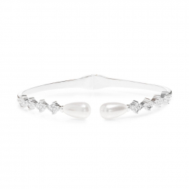 Silver Plated Cubic Zirconia Floral And Pearl Cuff Bangle
