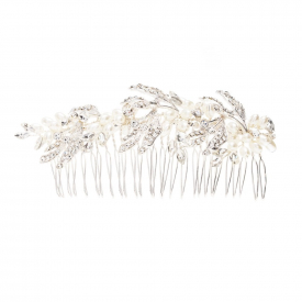 Silver Plated Leaf And Pearl Large Olive Hair Comb
