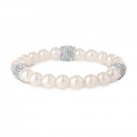 Silver Plated Pave Crystal And Cream Pearl Stretch Bracelet