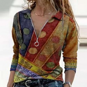 Women’s Blouse Shirt Color Block Long Sleeve Patchwork Print V Neck Tops Blue Purple Red Lightinthebox
