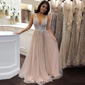 Sexy A-line V-neck Evening Dress Tulle Sleeveless Appliques and Beads Custom Made Hot Sales Girls Occasion Dress