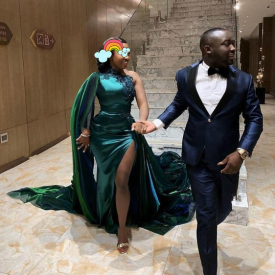 Sexy Hunter Green Mermaid Prom Dresses For African With High Slit High Neck Elastic Satin Kaftan Dubai Evening Dresses Plus Size