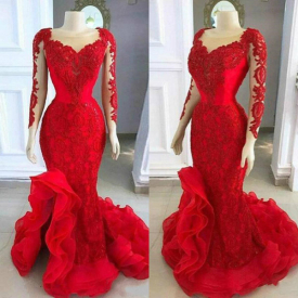2020 Red Mermaid Evening Dresses Sheer Neckline Lace Appliqued Long Sleeve Prom Dress Low Split Sweep Train Arabic Formal Party Gowns