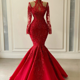 2020 Arabic Aso Ebi Red Luxurious Lace Beaded Evening Dresses Mermaid Long Sleeves Prom Dresses Vintage Formal Party Second Reception Gowns