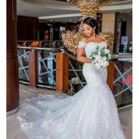 Mermaid / Trumpet Wedding Dresses Off Shoulder Chapel Train Lace Tulle Lace Over Satin Regular Straps Sexy Plus Size with Appliques