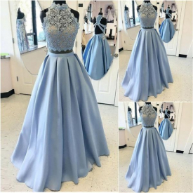 Bridesmaid Dress Lace A Line Ball Gown Evening Prom Party Two Pieces High Neck Applique Elastic Satin Dresses