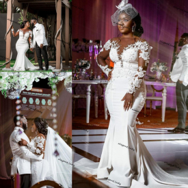 Arabic Aso Ebi Mermaid Wedding Dresses Illusion Long Sleeve Sheer O-neck Lace Floral African Plus Size Court Train Bridal Dress