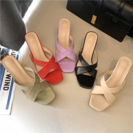 Slippers 2021 Summer Shoes Woman High Heels Cross-tied Band Modern Slipper Candy Color Slides Female Zapatos Mujer 9163L