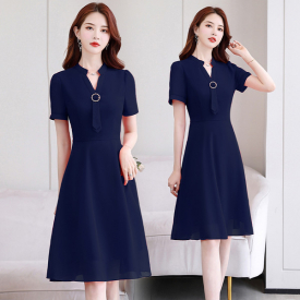 Summer Chiffton Short Sleeve V-neck Knee-length A-line Waist Thin Wine Red Blue Purple Navy Blue Simple Cocktail Dresses 9828 party