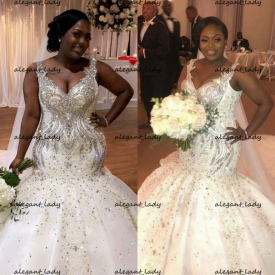 Sparkly Mermaid Plus Size Wedding Dresses 2021 Luxury Beaded Crystal V-neck African Nigerian Chapel Train Trumpet Wedding Gown