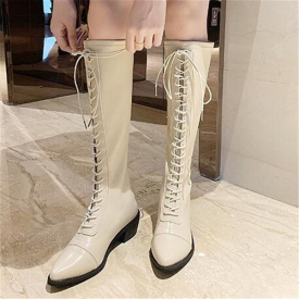 Spring 2021 New Shoes Pointed Chunky Toe Heel Riding Women's Lace Up to the Knee High Black Boots CCIX