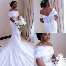 2021 New African Modest Mermaid Dresses Trouwjurk Lace Gowns Black Girls Mariee Robe Handcrafted Wedding Gown F432