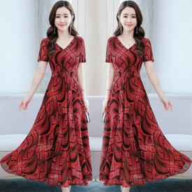 Summer Floral Print Chiffton Short Sleeve V-neck Ankle-length A-line Elegant Black Red Temperament Party Cocktail Dresses 9369
