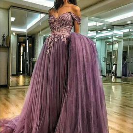 Plus Size Off The Shoulder Prom Dresses A-line Tulle Islamic Dubai Saudi Arabic Long Formal Party Dress Purple Evening Gowns L74