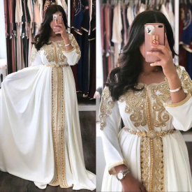 Caftan Morocco Evening Dresses White Abaya Dubai Formal Evening Gowns With Sleeves A Line Beaded Applique Prom Dress Muslim 2021