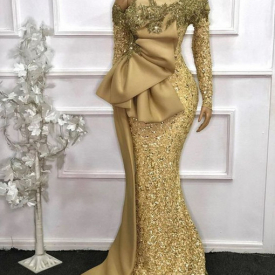 Elegant African Long Sleeves Lace Mermaid Evening Dresses 2021 gold See Through Full Sleeves Beaded Prom Gowns Robe De Soiree