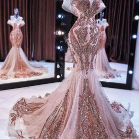 2021 New rose gold mermaid evening dresses long sparkly sequin appliqué beaded fishtail prom gown robe de soiree