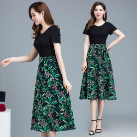 Women Floral Print Patchwork Short Sleeve O-neck A-line Chiffon Vintage Plus Size Green Yellow Party Cocktail Dresses 9829