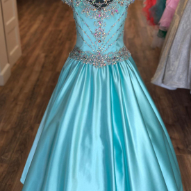 Aqua Satin Pageant Dress for Teens Juniors Toddler 2021 AB Stones Crystal Long Pageant Gown for Little Girl Cap Sleeve Formal Party rosie