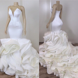 Luxury Mermaid Wedding Dresses Sexy Backless Sweetheart Long Train Bridal Wedding Gowns With Cascading Ruffles Organza Skirt