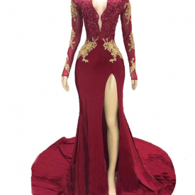 2021 New Black African Burgundy, Girl Mermaid, Prom Dress , Sexy Friezy Lace, Sleeve, No Back, Satin, Evening Gown. 6542