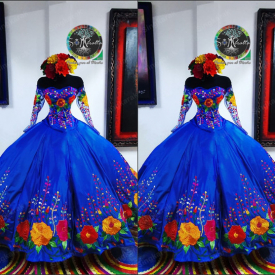 2021 Vintage Royal Blue Mexican Sweet 16 Dresses Charro Flower Embroidered Satin Off The Shoulder Quinceanera Dress Illusion Long Sleeve