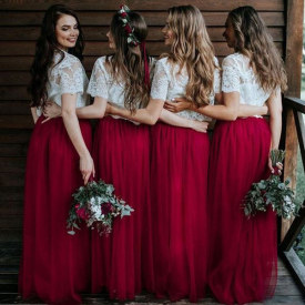 Two Pieces Lace Bohemian Bridesmaids Dresses With Half Sleeves Chiffon Wedding Guest Dress Floor Length Junior Maid Of Honor Gowns