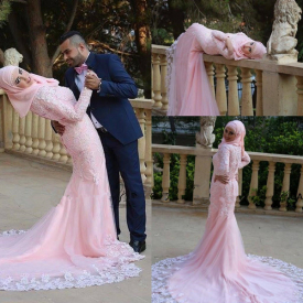 2019 cheap Blush pink lace applique mermaid evening dress floor length long sleeve high neck special occasion high neck prom gowns