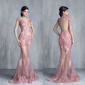 Tony Chaaya Scoop Neck Evening Dresses Short Sleeve Lace Applique Beads Party Formal Gowns Mermaid Floor Length Prom Dress