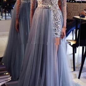 Sheath Detachable Applique Long Evening Dress Floor Length Long Sleeve Backless Formal Dress Party Gown With Beadings