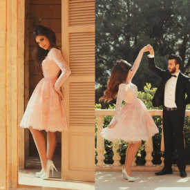 Romantic Pink Sexy Party Dresses Long Sleeve 2021 V-Neck Delicate Lace With Flower Beads Knee-Length A Line Party Dress