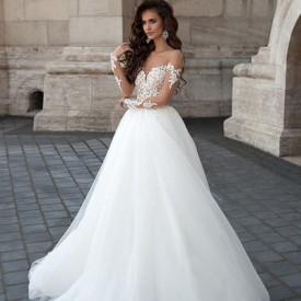 2020 Fall Elegant Vintage Wedding Dress Sexy Sheer Neck/Sleeve Applique Lace On Top Chapel Train Bridal Wedding Gowns Custom Made