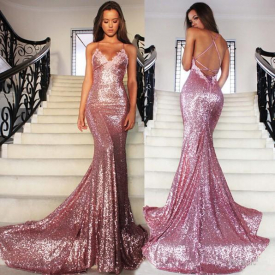 Rose Pink Glitz Sequined Mermaid Prom Dresses 2019 Spaghetti Strap Sexy Backless Sweep Train Formal Evening Dresses Women Party Gowns