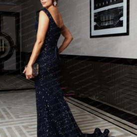 2019 Cheap Mermaid/Trumpet Sweetheart Floor Length Chiffon Dark Navy Celebrity Dress with Beaded sequined evening dresses prom gowns