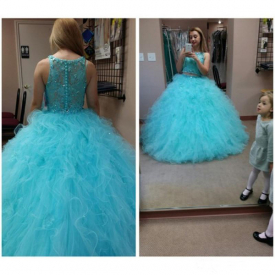2020 Two Pieces Blue Quinceanera Dresses Ball Gown Vintage Lace Cascading Ruffles Puffy Skirt Princess Sweet 16 Prom Party Gowns For Girls