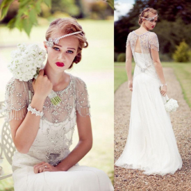 Vintage Great Gatsby Sparkly Crystal Beach Wedding Dresses Jenny Packham Cap Sleeve Country Open Back Bridal Gowns vestidos de novia