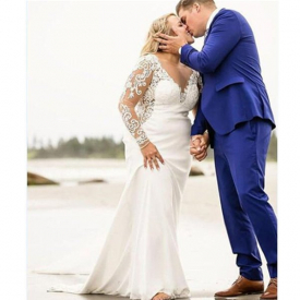 2022 Vintage Long Sleeve V-Neck Lace and Satin Mermaid Wedding Dresses New Arrival Plus Size button Back Bridals Gown
