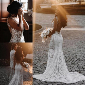 Lace Mermaid Wedding Dresses V Neck Open Back Illusion Beaded Sweep Train Beach Boho Wedding Bridal Gowns BC12888